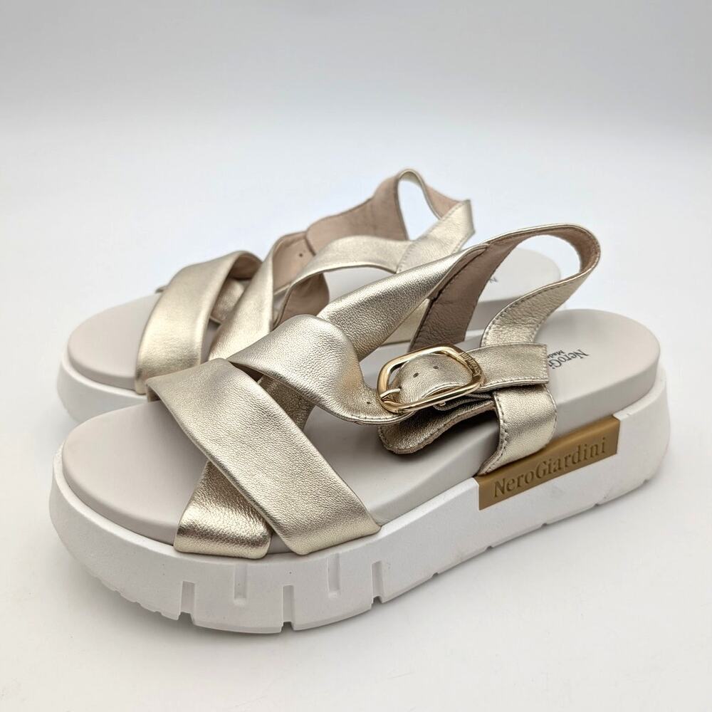 Nero Giardini Shimmering Criss Cross Platform Sandals Women's Hot Honey US7 EU37